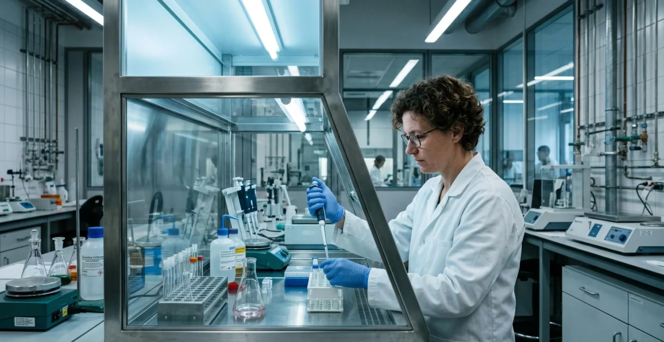 Chercheur en blouse blanche analysant des échantillons dans un laboratoire moderne avec équipement scientifique