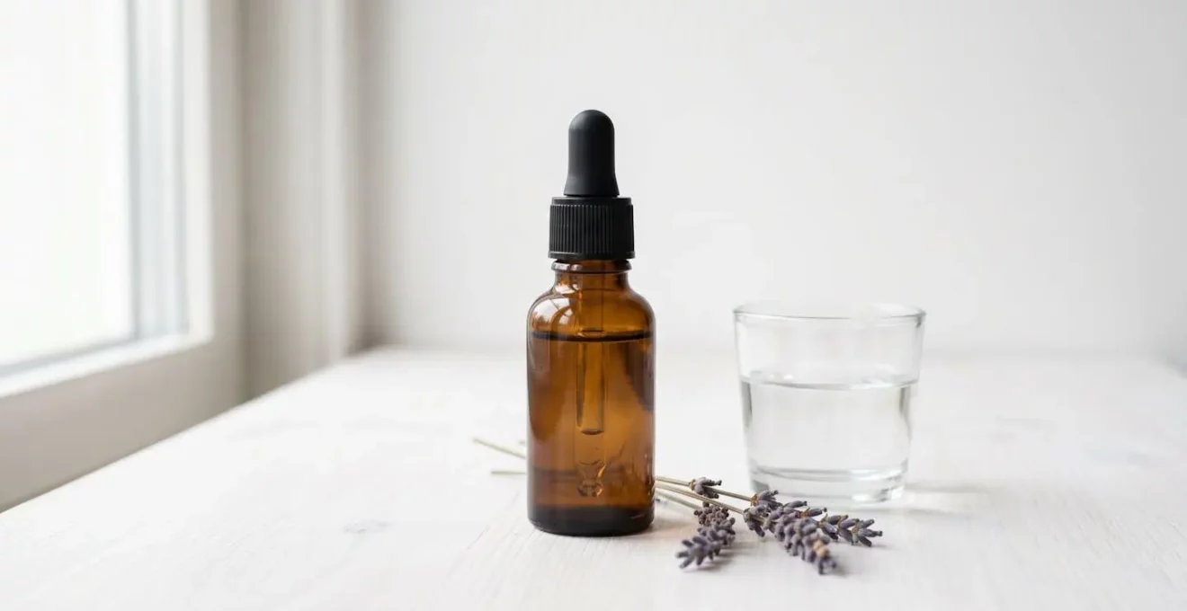 Flacon compte-gouttes de fleurs de Bach en verre ambré posé sur un comptoir en bois blanc avec une branche de fleur séchée et un verre d'eau, éclairage naturel doux
