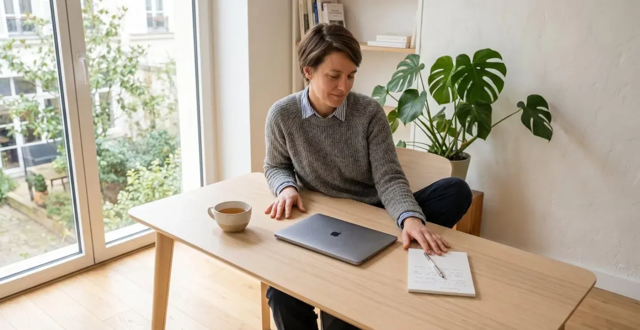 Personne en pause réflexive à un bureau contemporain avec ordinateur fermé et tasse de thé, lumière naturelle apaisante